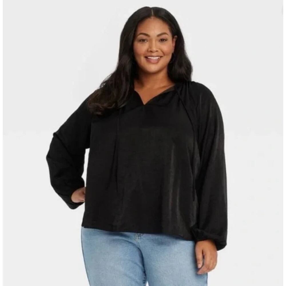 Ava & Viv Shirt Womens Sz 1X Black Balloon Sleeve Tie V-Neck Flow